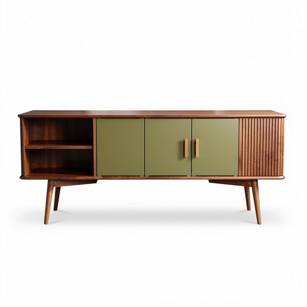 Mid-century modern tv stand with green cabinet doors and walnut finish 160 x 40 x 70cm