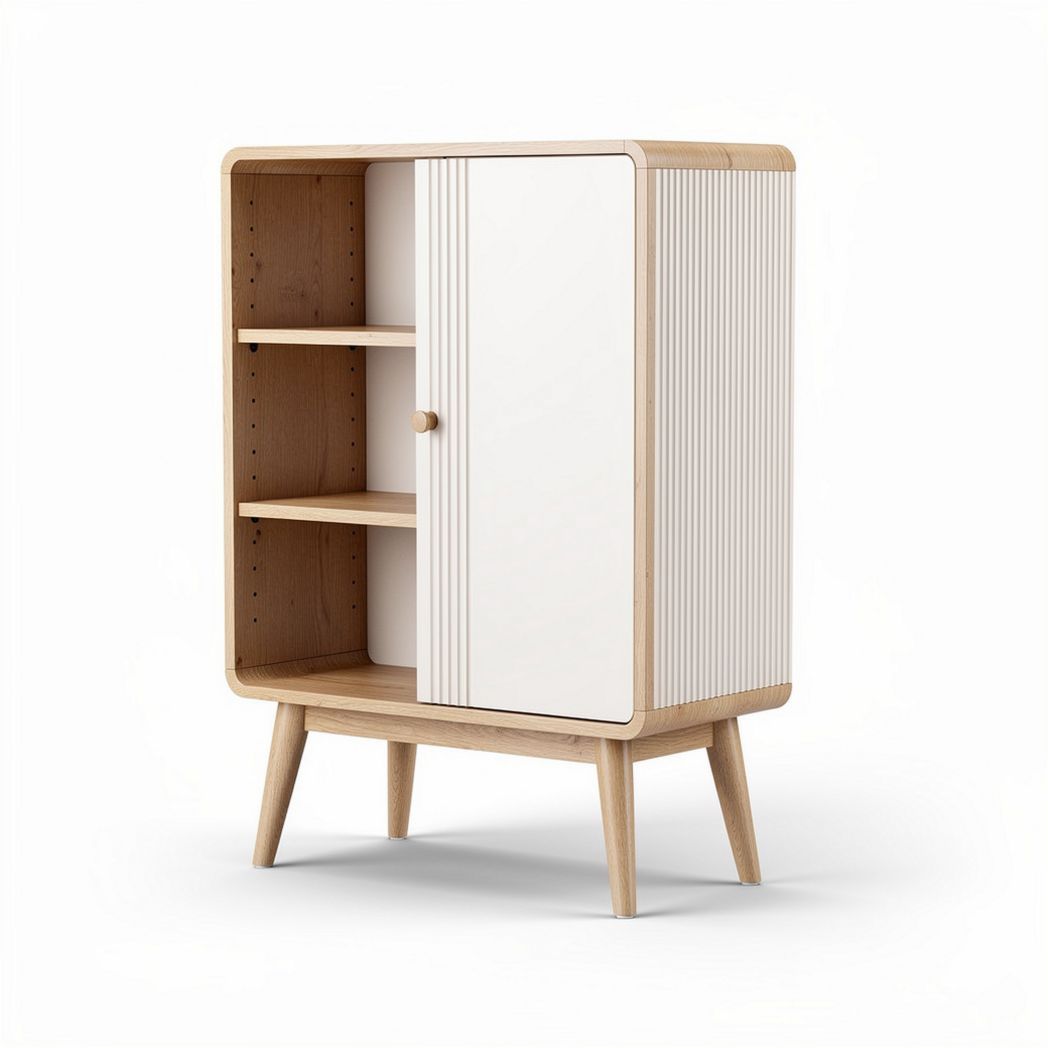 Wooden storage cabinet with white doors and open shelves 90 x 50 x 100cm