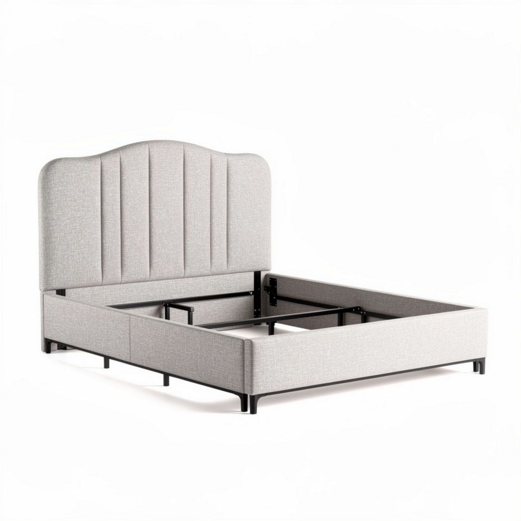 Upholstered platform bed frame with tall headboard in light gray fabric 200 x 160 x 100cm