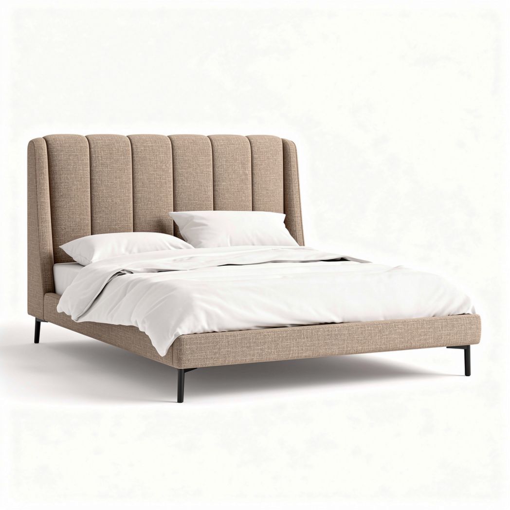 Upholstered bed frame with headboard in beige fabric 200 x 160 x 100cm